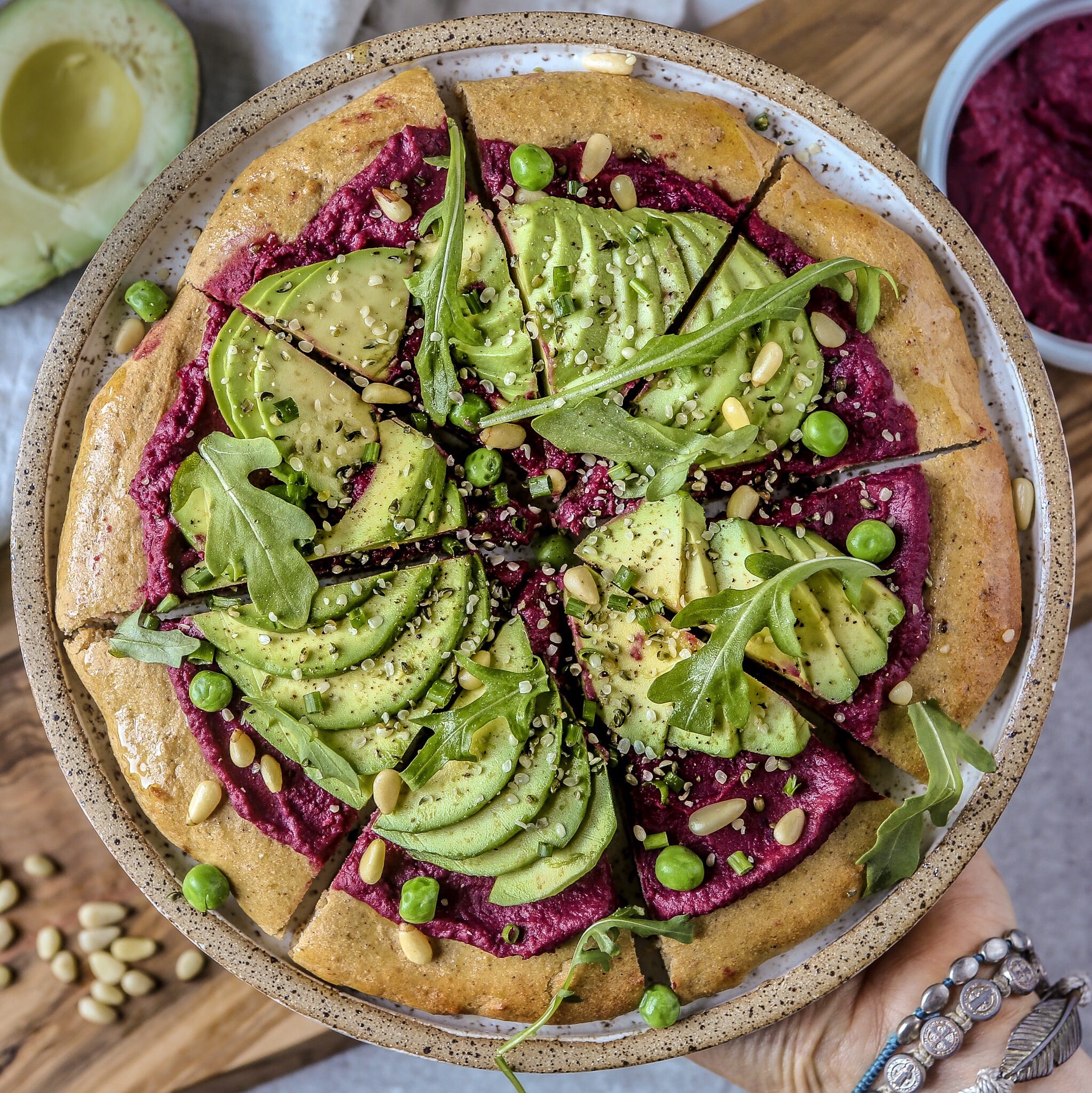 Plantain Pizza with Beet Hummus and Avocado