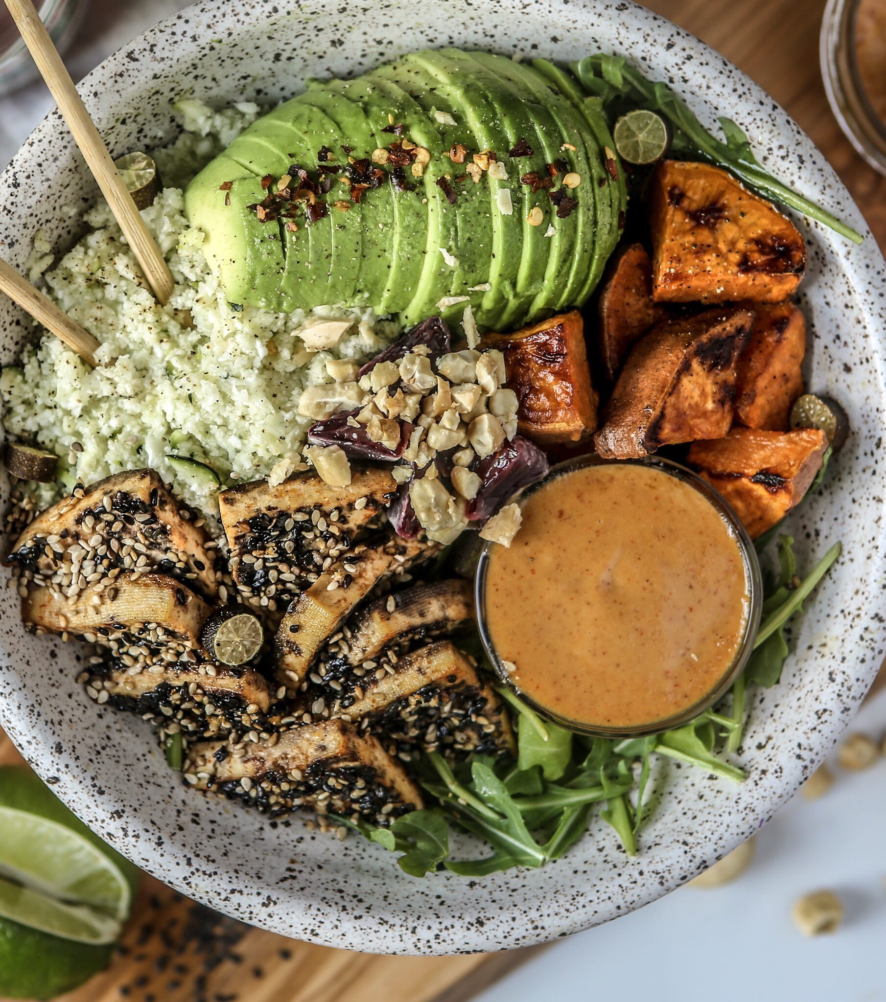 Maple Sesame Tofu with Sriracha Almond Sauce