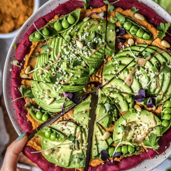 Beet “Falafel” Pizza Crust with Sun Dried Tomato Hummus and Avocado