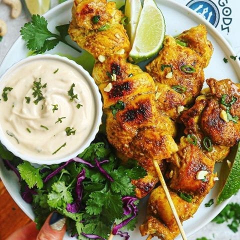 Easy Chicken Satay with 2 Dips: Creamy Honey Cilantro Lime and Almond Ginger Dip