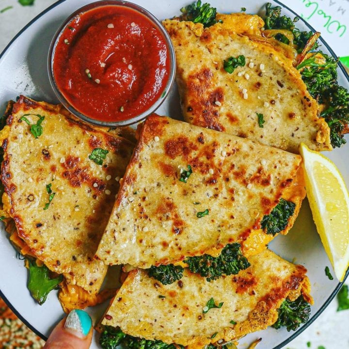 Dairy Free Vegan “Cheesy” Broccolini Cheddar Quesadillas