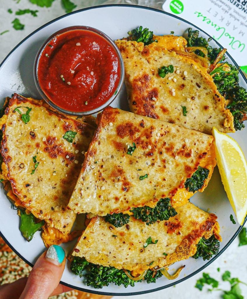 Dairy Free Vegan “Cheesy” Broccolini Cheddar Quesadillas