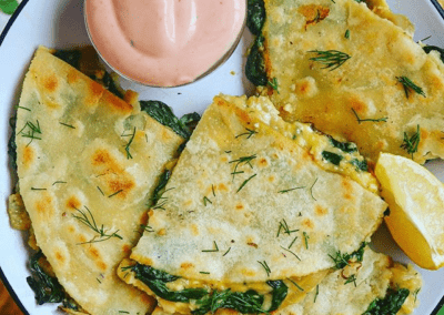 Cheesy Spinach Pie Quesadillas and Creamy Dill Ketchup Dip