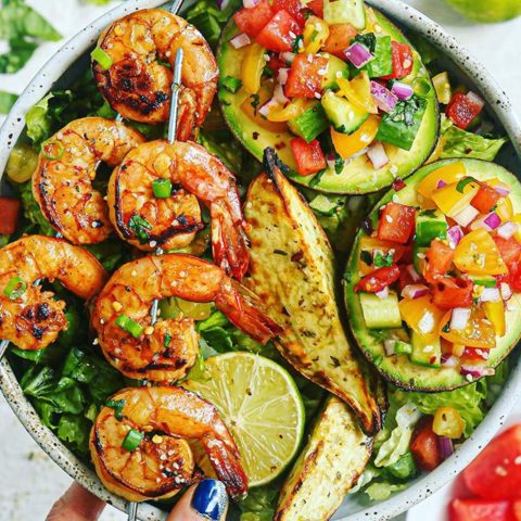 Sweet and Spicy Ginger Lime Shrimp and Watermelon Salsa Stuffed Avocados