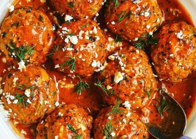 Dairy-Free, Egg-free Ricotta Spinach Meatballs and Roasted Red Pepper Tahini Sauce