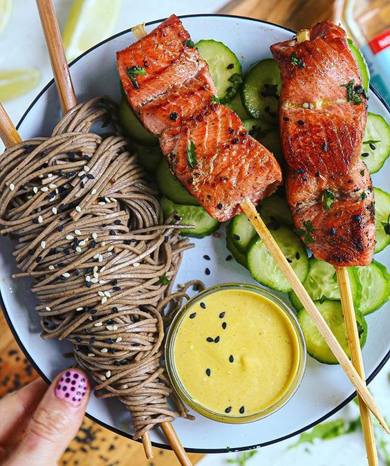Cilantro Ginger Lime Salmon Satay Skewers with Curried Almond Dip