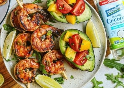 Grilled Chipotle Coconut Lime Shrimp Skewers with Mango and Tomato Stuffed Avocado Boats
