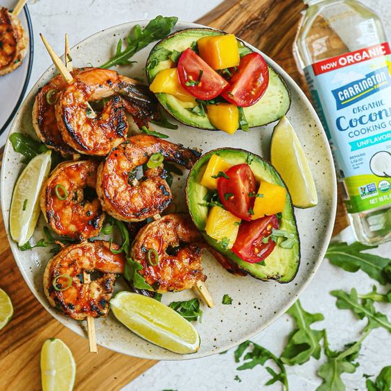 Grilled Chipotle Coconut Lime Shrimp Skewers with Mango and Tomato Stuffed Avocado Boats
