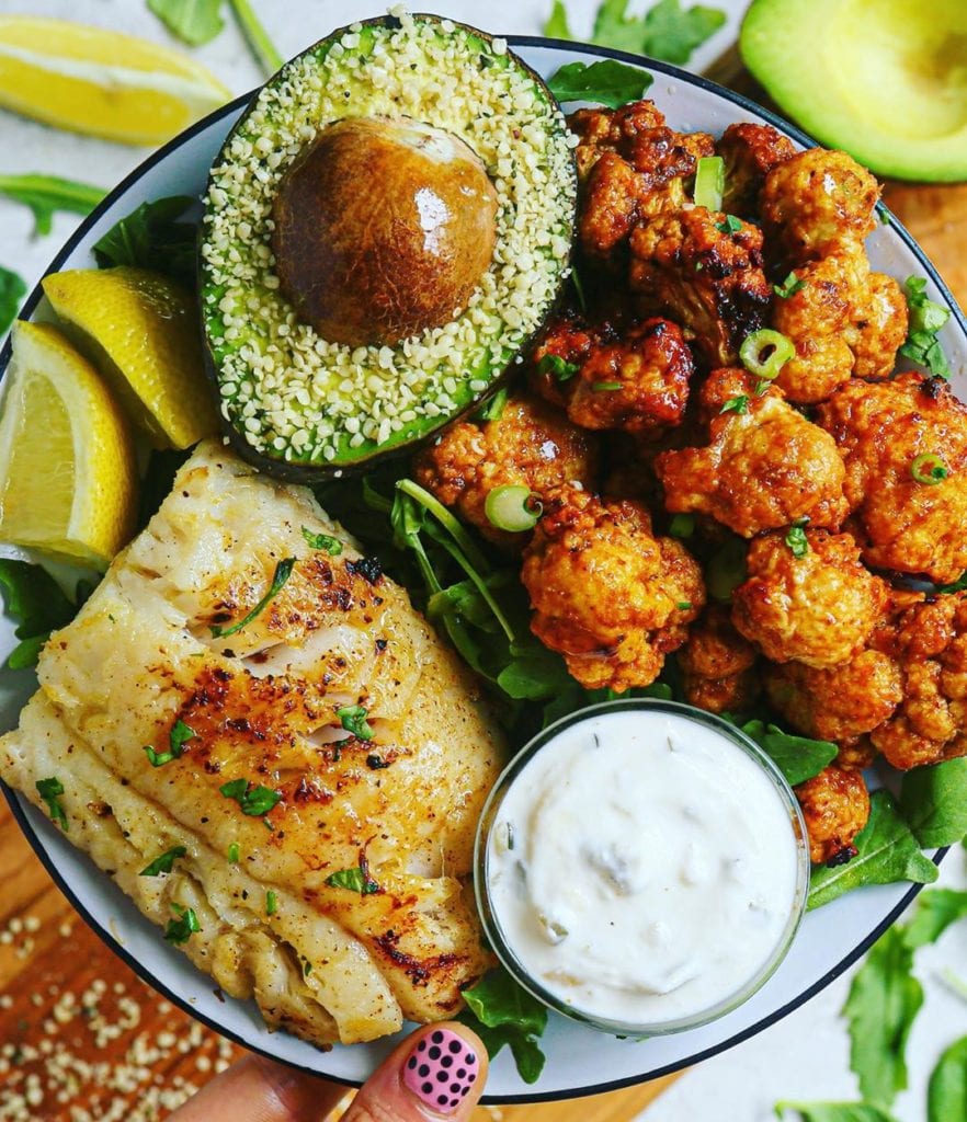 Air Fried BBQ Cauliflower with Lemon Garlic Cod and Tartar Sauce