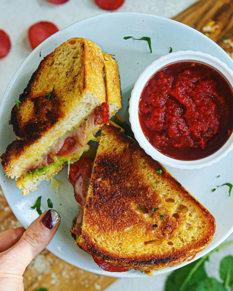 Dairy-Free, Gluten-Free Pesto Pepperoni Pizza Grilled Cheese