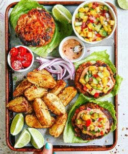 Mexican Salmon Burgers, Chili Lime Fries, and Pineapple Jalapeno Cucumber Salsa