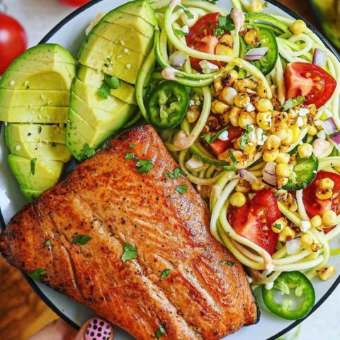 Southwestern Zoodle Salad with Chipotle Yogurt Dressing and Chili Lime Salmon