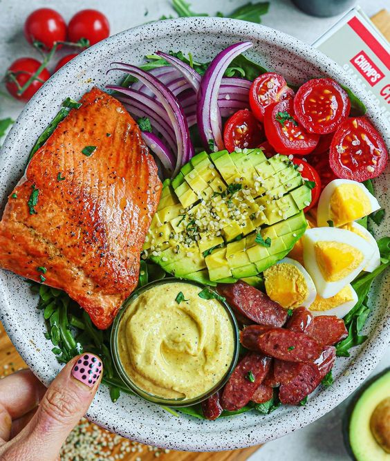Quick Salmon Cobb Salad with a Sweet and Tangy Mustard Yogurt Dressing