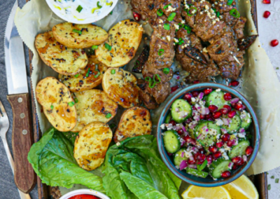 Rosemary, Mustard and Fig Lamb Kabobs with Cucumber, Pomegranate and Feta Salad