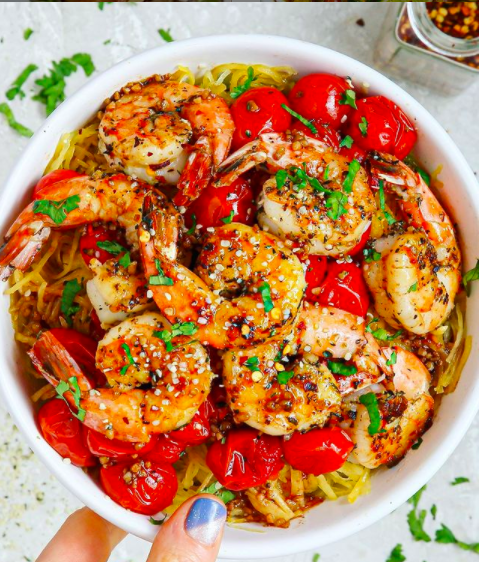 Italian Seasoned Shrimp and Spaghetti Squash with Balsamic and Garlic Roasted Tomatoes!