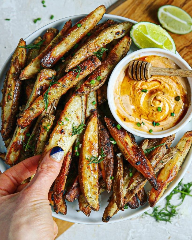 The Crispiest Ranch Seasoned Fries with Creamy Honey-Buffalo Aioli