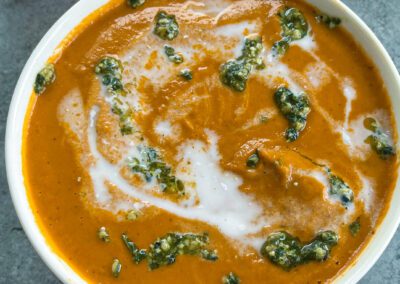 Roasted Tomato Soup with Crunchy Basil Walnut Topping