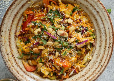 Chopped Chicken and Cabbage Salad with Carrot-Ginger-Peanut Dressing